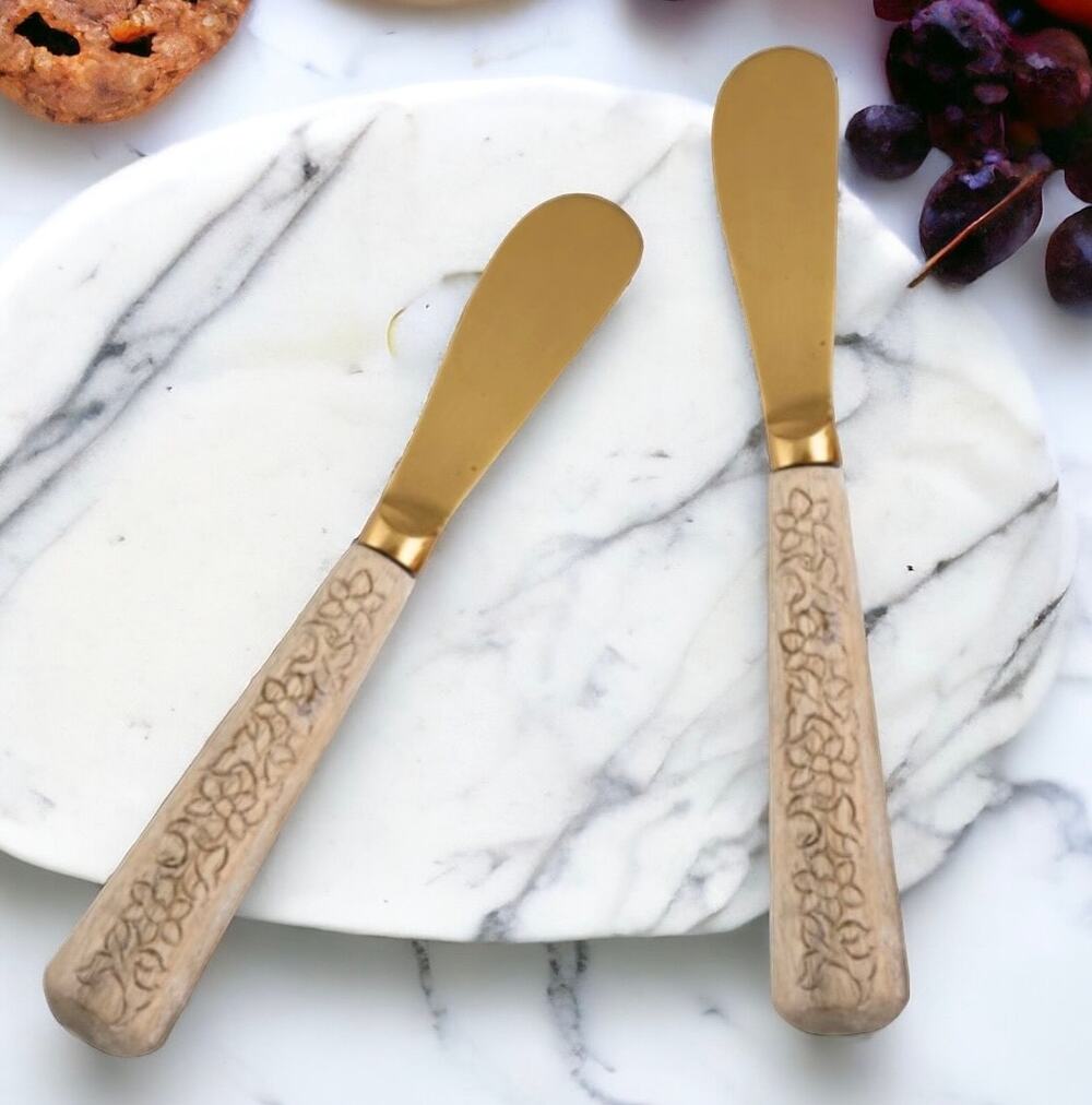 Macys Etched Wood Handle Brass Blade Spreaders Set of 2 Cheese Appetizers Gift